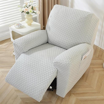 vctops 4 Pieces Jacquard Plush Recliner Slipcovers Stretch Soft Sofa Couch Cover Anti-Slip Solid Color Furniture Protector with Elastic Bottom for Kids Cats Dogs (Light Grey,1 Seat)