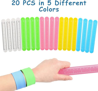 CCINEE 20PCS Silicone Ruler Slap Bracelets, Assorted Ruler Snap Bracelets Colorful Silicone Wristband with Scale for Kids Craft Classroom Prizes Gift Exchange Party Favors