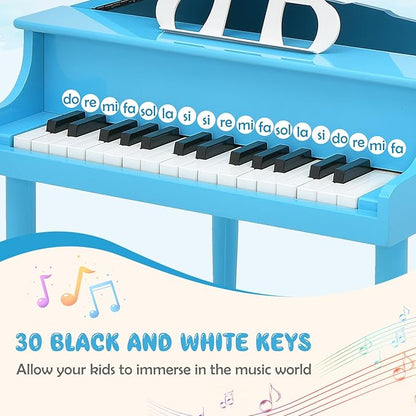 Goplus 30-Key Classical Kids Piano, Mini Grand Piano Wooden Learn-to-Play Musical Instrument Toy with Bench, Piano Lid, Music Rack, Gift for Boys Girls Aged 2+ Baby Toddler (4 Straight Leg-Blue)