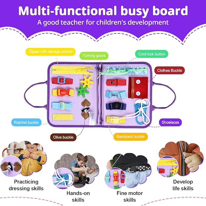 JHkim Busy Board Montessori Toys for Toddlers 1-3, Birthday Gifts for 1 2 3 4 Year Old Girl, Autism Sensory Travel Toy, Educational Activity Busy Book, Preschool Learning Fine Motor Skills Toys,Purple