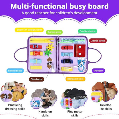 JHkim Busy Board Montessori Toys for Toddlers 1-3, Birthday Gifts for 1 2 3 4 Year Old Girl, Autism Sensory Travel Toy, Educational Activity Busy Book, Preschool Learning Fine Motor Skills Toys,Purple