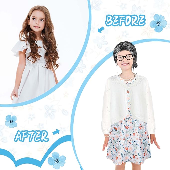 Kids 100 Days of School Costume for Girls Cosplay Outfit Including Grey Wig Cardigan Sweater Floral Dress Cat Eye Glasses