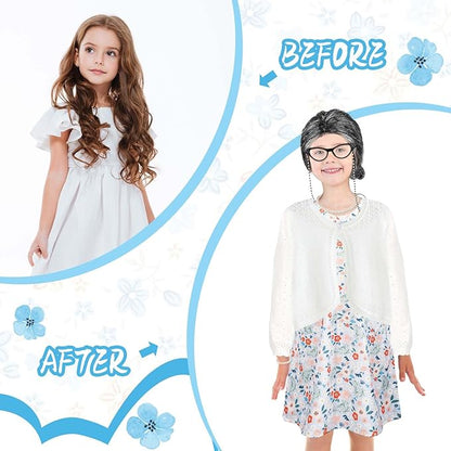 Kids 100 Days of School Costume for Girls Cosplay Outfit Including Grey Wig Cardigan Sweater Floral Dress Cat Eye Glasses