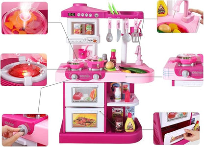 TEMI Play Kitchen Playset Pretend Food - 53 Pieces Pink Kitchen Toys for Toddlers, Toy Accessories Toddler Set with Sound and Light, Toddler Outdoor Playset for Kids, Girls and Boys