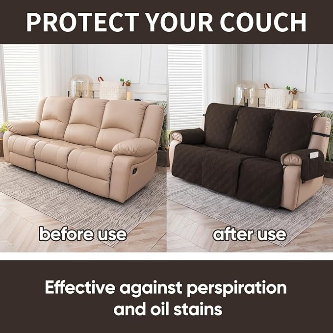 Easehomey Waterproof Recliner Sofa Cover,Non-Slip Reclining Sofa Covers for 3 Seat,Washable Reclining Sofa Cover Furniture Protector with Elastic Straps Pocket for Kids, Pets(Chocolate,3Seat)