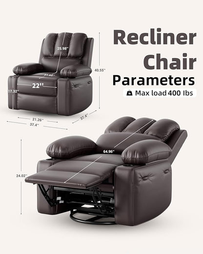 22'' Leather Recliner Chair for Adults, Overstuffed Manual Recliner Chair, Single Sofa with Cup Holder and Side Pockets, Upholstered Chair for Living Rooms, Coffee