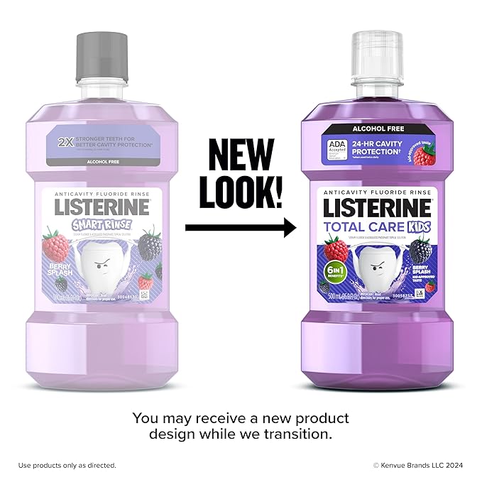 Listerine Smart Rinse Kids Alcohol-Free Anticavity Fluoride Mouthwash for Cavity Protection, Berry Splash Flavor, 500 mL
