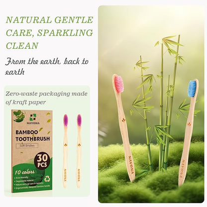 30PCS Biodegradable Bamboo Toothbrushes, BPA Free Soft Toothbrushes for Adults and Kids, Soft Bristles Toothbrushes, Eco-Friendly Natural Wooden Toothbrush Bulk, Box of Two Reusable Travel Toothbrush