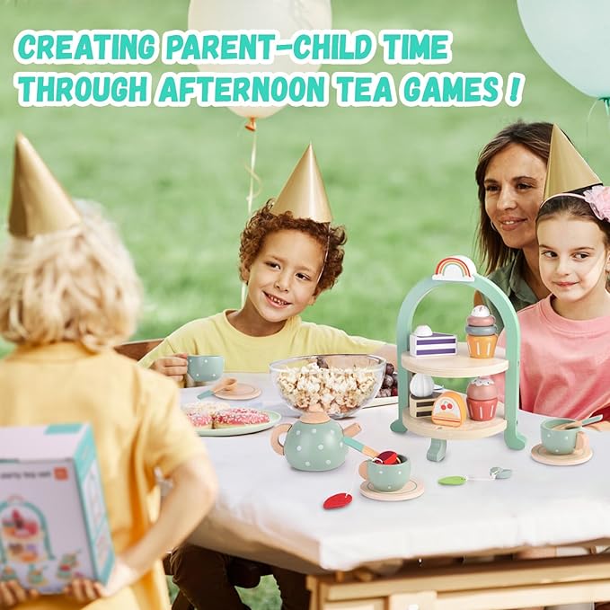 GAGAKU Wooden Tea Set for Little Girls Tea Set for Toddler Food Pretend Play Accessories Kids Kitchen Playset Tea Set for Toddlers