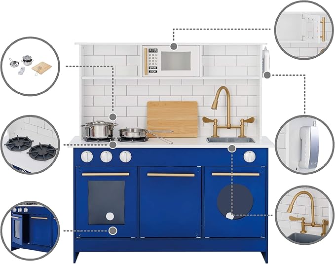 Teamson Kids Little Chef Berlin Kids Play Kitchen with 6 Kitchen Accessories, Wooden Play Kitchen Set for Toddlers with Subway Tile Backsplash, Gold Hardware, & Storage Shelves, Blue/White