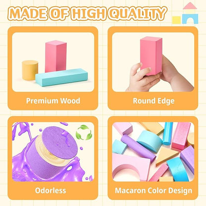 VigorFun 110 PCS Wooden Building Blocks Set - Construction Stacking Toy with Storage Bag, Montessori Preschool Toys for Toddlers Kids Birthday Gifts Ages 3+
