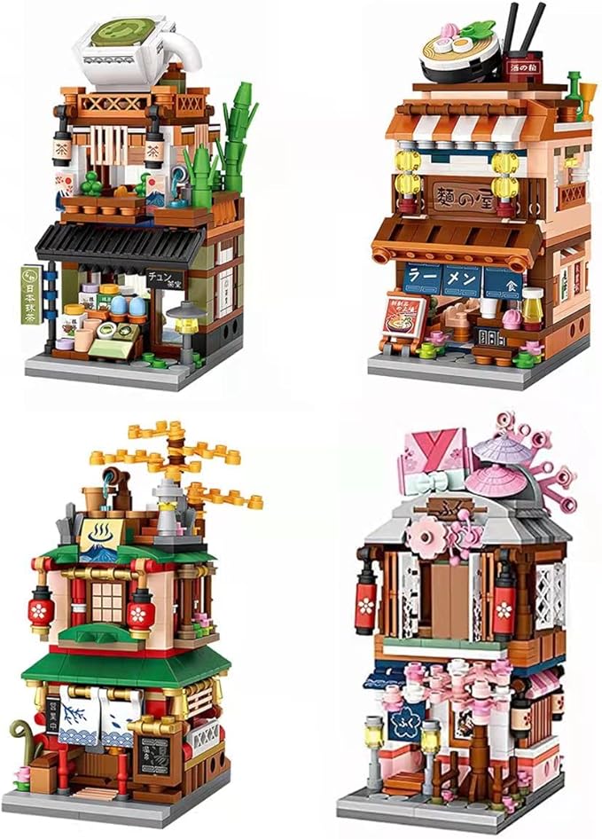 Japanese Street View Shop Building Blocks House Toy, 4 Models Mini DIY Building Blocks Model MOC Construction Toy, Gift for 6-12 Years Old Kid Girls and Boys