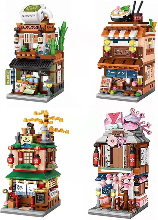 Japanese Street View Shop Building Blocks House Toy, 4 Models Mini DIY Building Blocks Model MOC Construction Toy, Gift for 6-12 Years Old Kid Girls and Boys