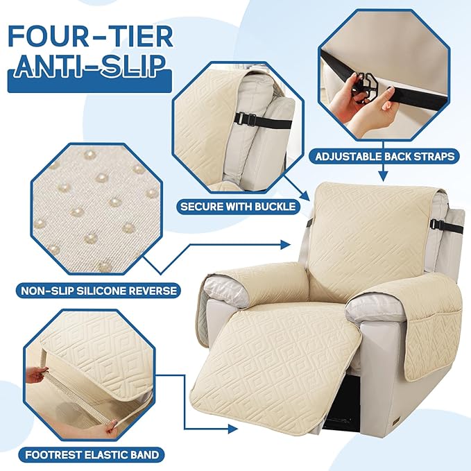 XINEAGE 100% Waterproof Recliner Cover, Non Slip Recliner Chair Cover with Elastic Band, Washable Recliner Slipcover with Storage Pockets for Kids, Pets (Beige, 30")