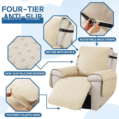 XINEAGE 100% Waterproof Recliner Cover, Non Slip Recliner Chair Cover with Elastic Band, Washable Recliner Slipcover with Storage Pockets for Kids, Pets (Beige, 23")