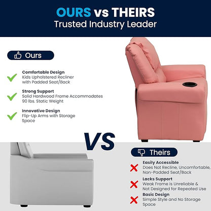 Flash Furniture Vana Vinyl Kids Recliner with Cup Holder, Headrest, and Safety Recline, Contemporary Reclining Chair for Kids, Supports up to 90 lbs., Pink