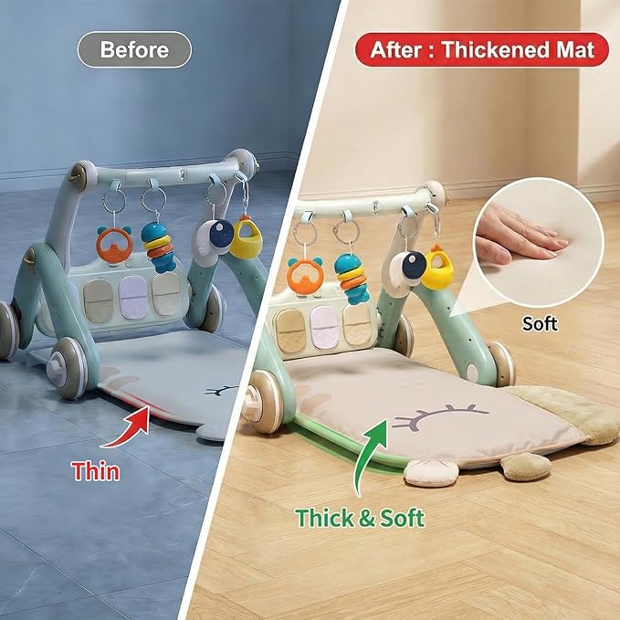 Jovow 2 in 1 Baby Gym with Walker,Baby Play Mat with Double-Sided Multifunctional Removable Play Piano Panel, Educational Sensory Toys for 0-24 Months Boy Girl [White]