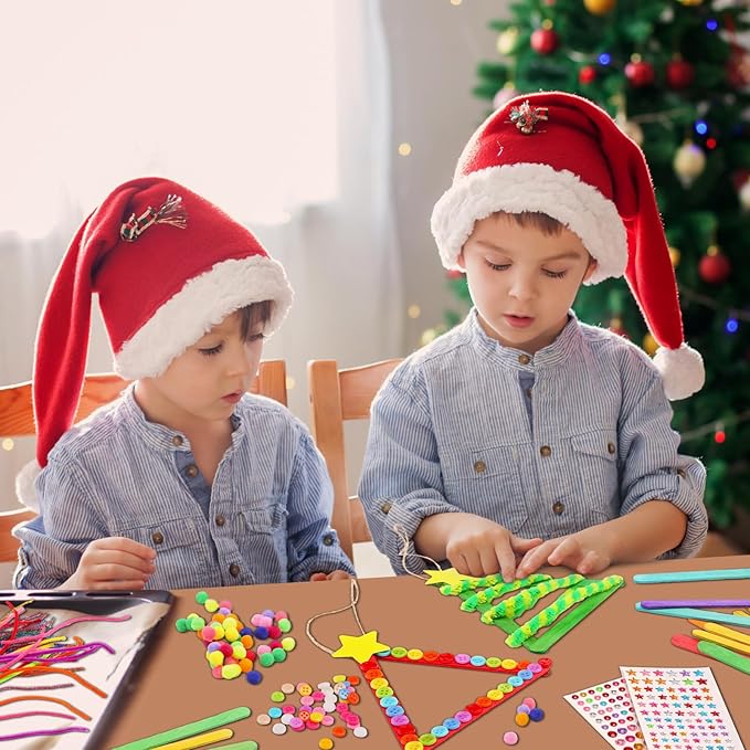 30 Sets Christmas Craft Kits for Kids DIY Stick Christmas Tree Ornaments Decoration Craft Stick Hairball Button Christmas Tree Sticker for Kids Holiday Classroom Activities Party Favors