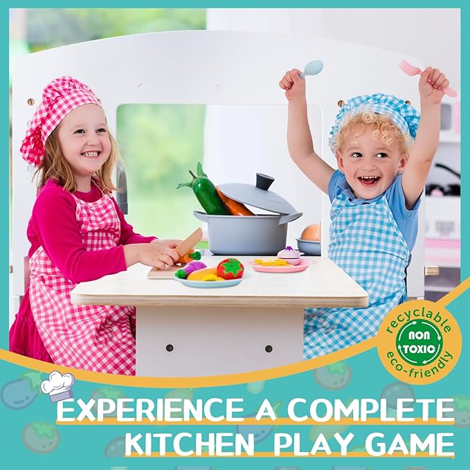 deli Kids Kitchen Playset, Wooden Play Kitchen Set for Toddlers, Toy Kitchen with Realistic Lights&Sounds, Stove, Oven, Ice Maker, Faucet, Sink