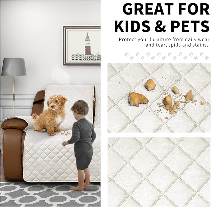 Easy-Going Oversized Recliner Sofa Cover, Reversible Couch Cover for 3 Seat Recliner, Split Sofa Cover for Each Seat with Elastic Straps for Kids, Dogs, Pets (3 Seater, Ivory/Ivory)