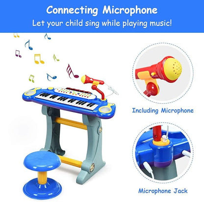 Costzon 37-Key Kids Piano Keyboard Toy, Toddler Electronic Musical Instrument Educational Toy w/Microphone, Multiple Sounds, Record Playback, Lights & Stool, Birthday Gift for Girls Boys Age 3+, Blue