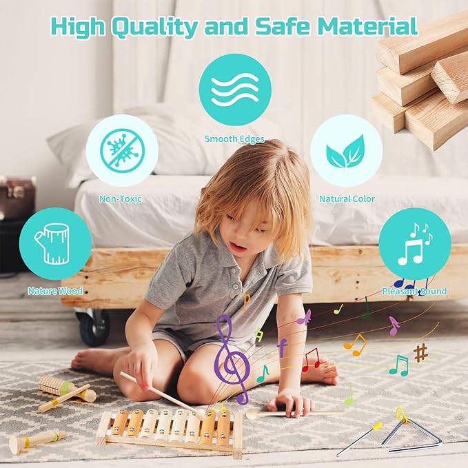 Baby Musical Instruments Montessori Wooden Music Toys Set 1-3 Gifts Kids Toddler Percussion Drum Modern Boho Xylophone with Storage Bag Boys Girls Birthday Christmas Preschool Learning Gifts