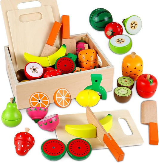 LOOIKOOS Wooden Play Food for Toddlers, Montessori Toys for 3 4 5 Years Old Pretend Cutting Fruits Set for Toddlers Play Kitchen Gift for Kids Educational Toy