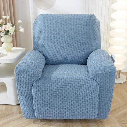 vctops 4 Pieces Jacquard Plush Recliner Slipcovers Stretch Soft Sofa Couch Cover Anti-Slip Solid Color Furniture Protector with Elastic Bottom for Kids Cats Dogs (Lake Blue,1 Seat)