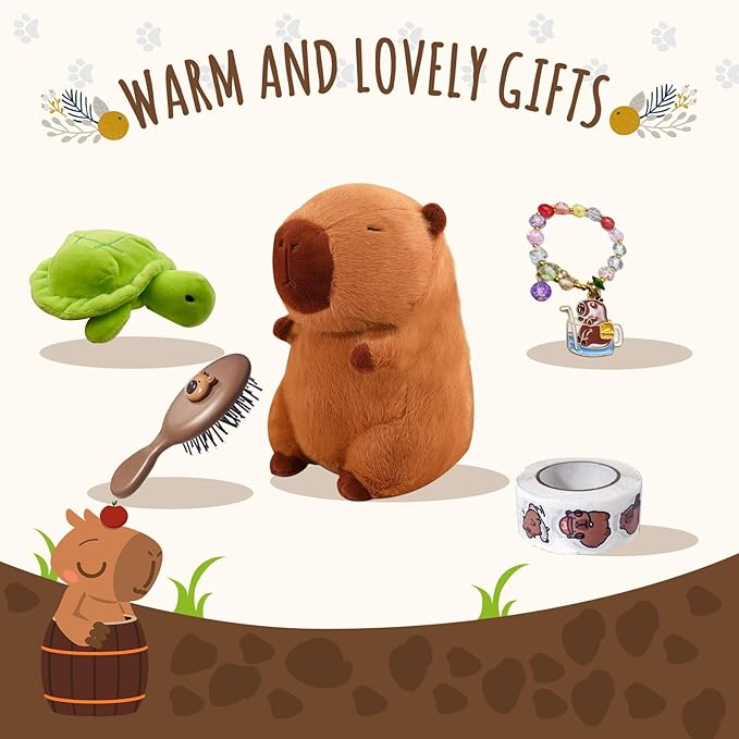Capybara Plush Gifts for Girls 4 5 6 7 8 9 10+ Years Old, Kids Cute Capybara Toys with Stuffed Animal/Keychain/Bag/Bath Towel/Hair Pins/Bracelet/Headband, Christmas Birthday Plush Toys Set