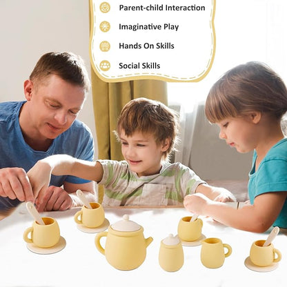 MCGMITT Toy Tea Set, Silicone Tea Party Set for Little Girls Boys, 15 Pcs BPA Free Dishwasher Safe Pretend Tea Set for Toddlers Kids Age 3-6, Non Breakable Cute Toy Kitchen Accessories for Children