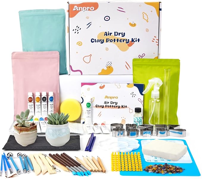 Anpro Air Dry Clay for Adults, Air-Dry Clay Starter Kit for Beginners Clay Kit,Valentines Day Decorations, 19 Clay Tools Kit, 12 Paints, 26 Letter DIY Clay Cutters, Varnish, Guide, Colored Rocks