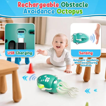 Dancing Squid Baby Toy, Infant Tummy Time Toys for 3-6 Months, Interactive Crawling Octopus with Music & Lights for 6-12, 12-18 Learning Walking Toy for Toddlers 1 Year Old Boys Girls Birthday Gifts