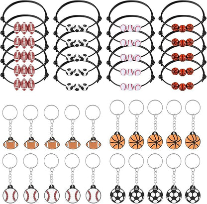 40pcs Sports Party Favors, 20pcs Sports Keychains & 20pcs Sports Bracelets with Football Basketball Rugby Baseball Sport Theme Thank You for Coming Gifts for Sports Party Supplies