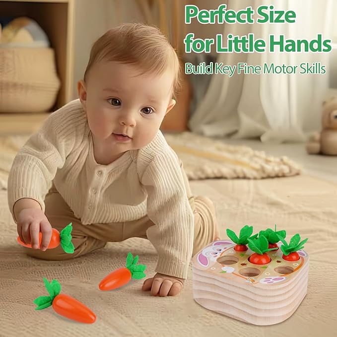 KMTJT Montessori Wooden Carrot Harvest Toy - Shape Sorting & Matching Game for Toddlers 1-3 Years, Fine Motor Skills Development, Educational Easter Birthday Gifts for Baby Boys & Girls (Red)