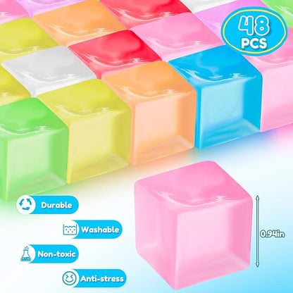Simgoing 48 Pcs Mini Ice Cube Stress Balls Bulk Fidget Squeeze Square Ball Stress Relief Sensory Playthings Ice Cube for Adults Birthday Valentines Gifts Party Favor Prize Bags Box Filling, 8 Colors