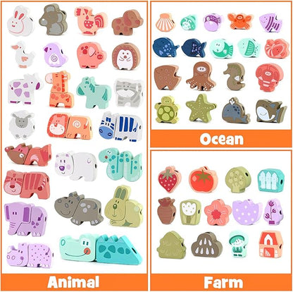 LovesTown Wooden Lacing Beads Set, 67 Pieces, Educational Stringing Toy with Storage Bag, Animal and Fruit Shapes for Toddlers