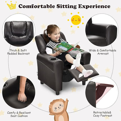 Costzon Kids Recliner Chair with Cup Holder, Toddler Furniture Children Armrest Sofa w/Headrest & Footrest for Girls Boys Baby Bedroom, Kids Room, PU Leather Kids Recliner Couch (Brown)