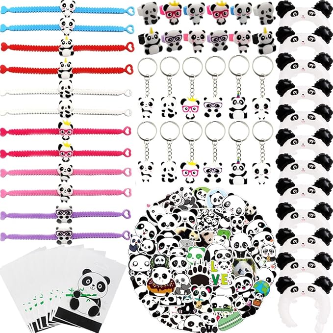 108Pcs Panda Party Supplies Favors Panda Keychains Rings Bracelets Panda Balloon Headbands Goodie Bags Stickers Toys Prizes Gift Carnivals for Kids Girls Panda Birthday Party Favor Supplies Goodie Bag