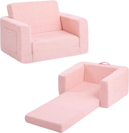 Tiita Kids Chair Couch, Folding Toddler Comfy Sofa Chairs, 2-in-1 Kids Plush Sofa Fold Out, Baby Armrest Chair Sofa to Lounger, Convertible Play Sofas to Bed for Girl or Boy, Pink