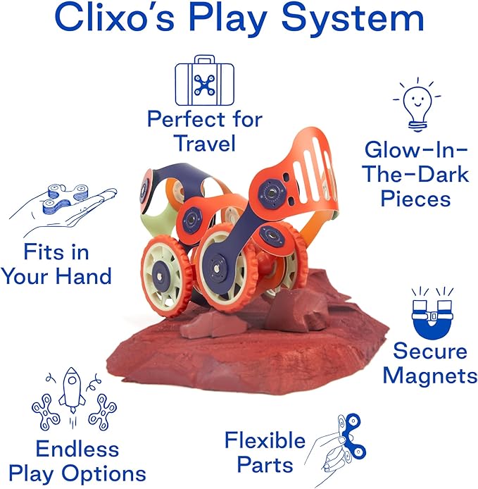 Clixo Mars Rover Pack - Glow-in-The-Dark Wheels Magnetic Building Toy - 30 Flexible Magnet Pieces for Galactic Exploration & Adventure. Award-nominated STEM Toy. Kids Gift & Travel Toy. Ages 6+ [New]