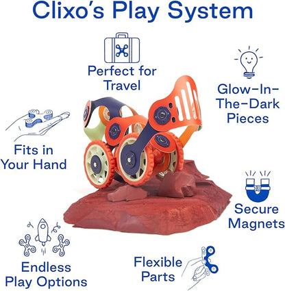Clixo Mars Rover Pack - Glow-in-The-Dark Wheels Magnetic Building Toy - 30 Flexible Magnet Pieces for Galactic Exploration & Adventure. Award-nominated STEM Toy. Kids Gift & Travel Toy. Ages 6+ [New]