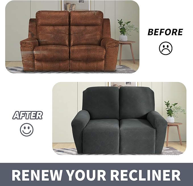 JIVINER Loveseat Recliner Covers, Jacquard 4 Piece Recliner Sofa Cover with Pockets Washable Lazy Boy Reclining Couch Protector with Elastic Bottom (Recliner Loveseat, Dark Gray)