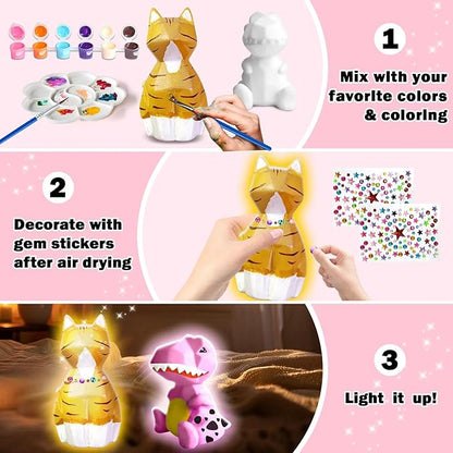 FUNZBO 2Pcs Paint Your Own Dinosaur & Cat Lamp Kit - Arts and Crafts for Kids Teens Adults, Art Supplies Painting Kits for Kids, Toys for Girls Boys Halloween Birthday Gift Ages 3+