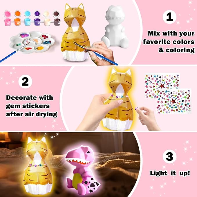 FUNZBO 2Pcs Paint Your Own Dinosaur & Cat Lamp Kit - Arts and Crafts for Kids Teens Adults, Art Supplies Painting Kits for Kids, Toys for Girls Boys Halloween Birthday Gift Ages 3+