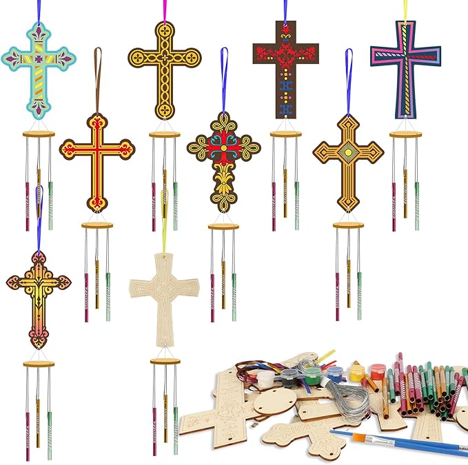 Fennoral 9 Pack Cross Wind Chime Kit for Kids Make You Own Easter Cross Wind Chimes DIY Wooden Crafts to Paint for Art Activities Easter Decoration Birthday Gift