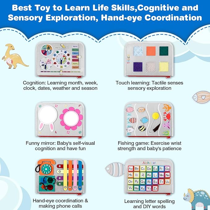 JHkim Busy Board Montessori Toys for 1 2 3 4 Year Old Boy & Girl Birthday Gifts, Autism Sensory Travel Toy for Toddlers 1-3, Educational Activity Sensory Busy Book for Learning Fine Motor Skills, Gray