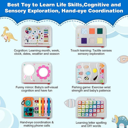 JHkim Busy Board Montessori Toys for 1 2 3 4 Year Old Boy & Girl Birthday Gifts, Autism Sensory Travel Toy for Toddlers 1-3, Educational Activity Sensory Busy Book for Learning Fine Motor Skills, Gray