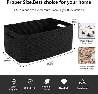 OIASKET Large Storage Basket for Organizing, Woven Rope Basket for Shelves, Closet Organizer Bins for Clothes, Blanket, Toys, Baby Nursery Storage, 17.7" x 13" x 7.87", 2 Packs Black