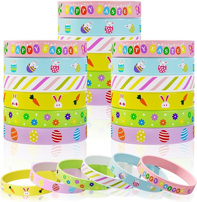 Easter Rubber Bracelets for Kids 30PCS Easter Basket Stuffers Egg Fillers Silicone Wristbands Bulk Easter Party Favors Supplies for Kids Goodie Bag Stuffers Student Gifts Classroom Prizes Accessories