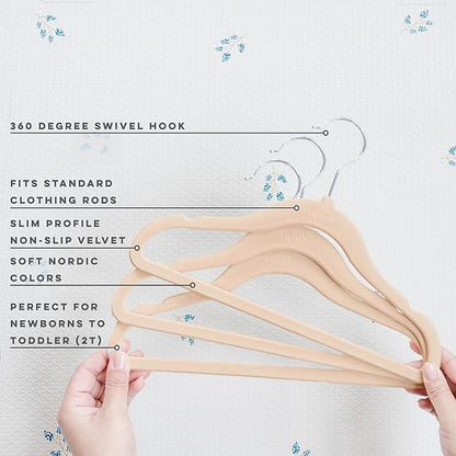 3 Sprouts Velvet Baby Hangers - Non-Slip Hanger for Infant, Toddler, Baby Clothes - Closet Kids Hangers with Slim Design, Nordic Colors, Pack of 30 - Hazelnut